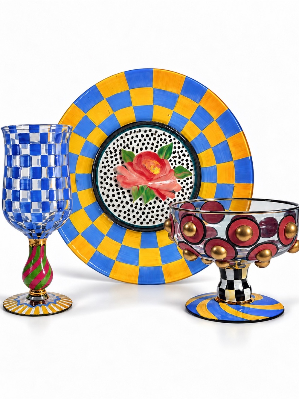 Vintage 1990s MacKenzie-Childs Circus Hand Painted Art Glass 3-Piece Set